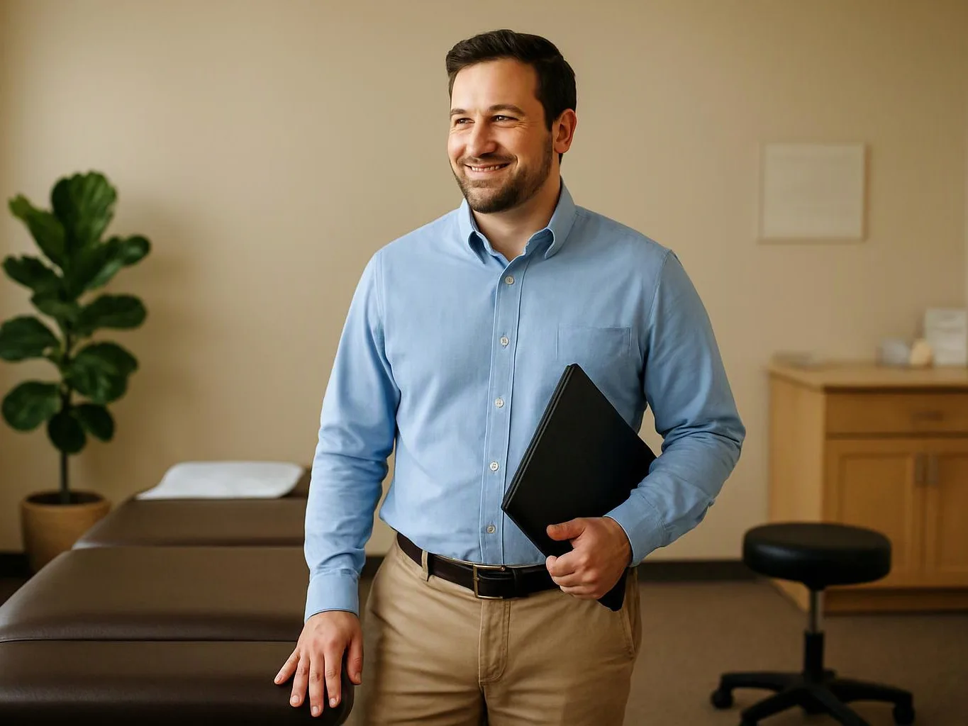 A smiling man stands in a clinic room holding a black folder beside an exam table