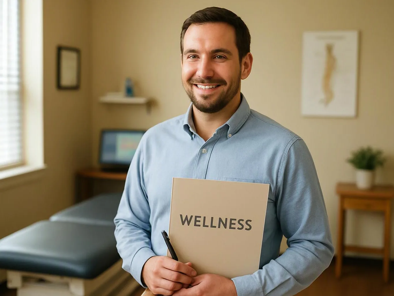 A smiling man stands in a treatment room holding a folder labeled “WELLNESS” and a pen