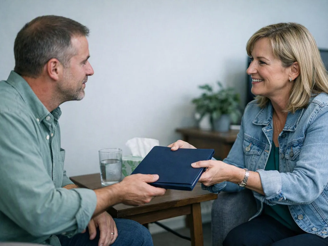 A smiling man and woman exchange a blue folder across a small table in a calm room