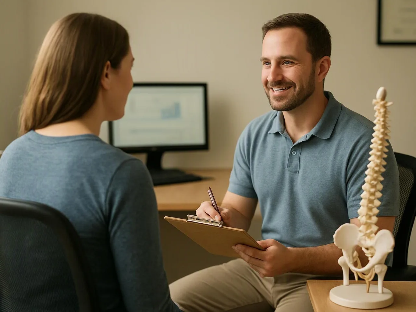 A smiling man writes on a clipboard while talking to a seated woman beside a spine model in an office