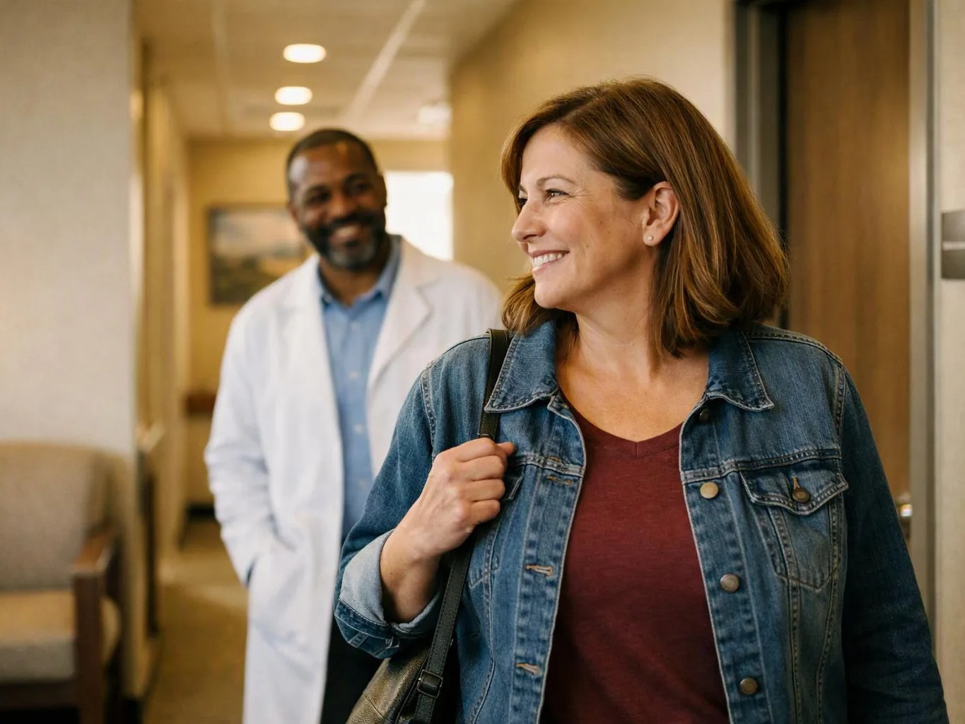A smiling woman carries a shoulder bag in a bright hallway while a doctor stands behind her watching