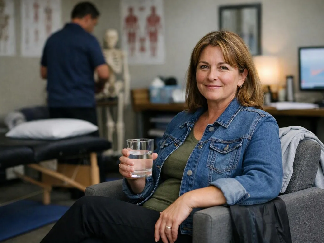 A smiling woman sits in a clinic chair holding a glass of water, with a therapist and exam table behind her