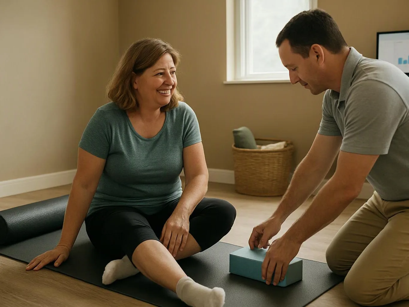 A smiling woman sits on a yoga mat while a man kneels beside her adjusting a small blue block in a bright room