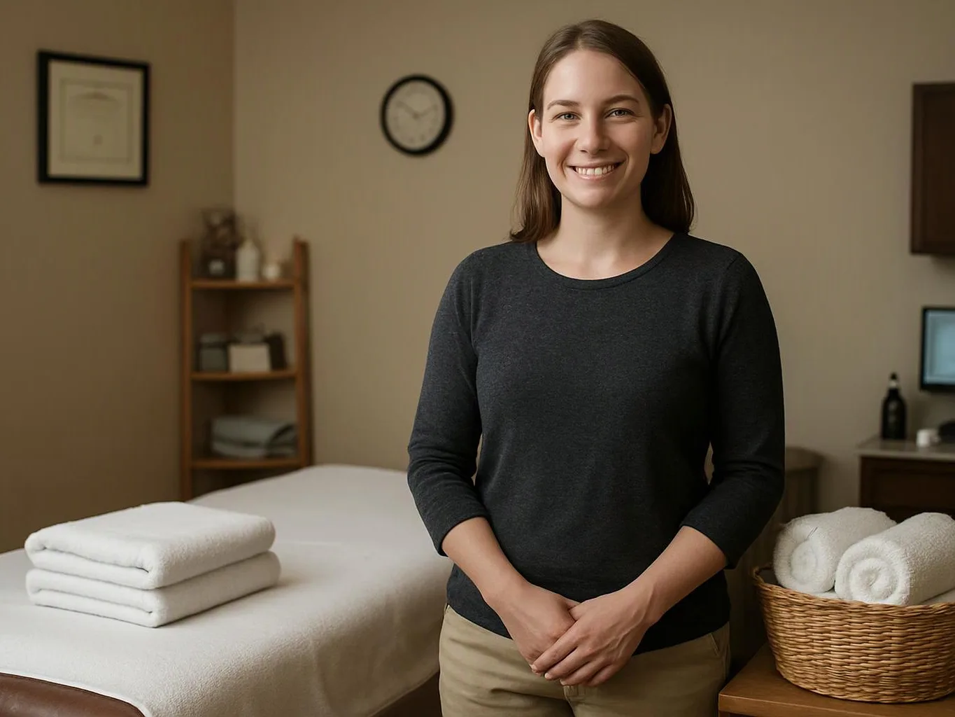 A smiling woman stands beside a massage table with folded towels and a wicker basket in a calm treatment room