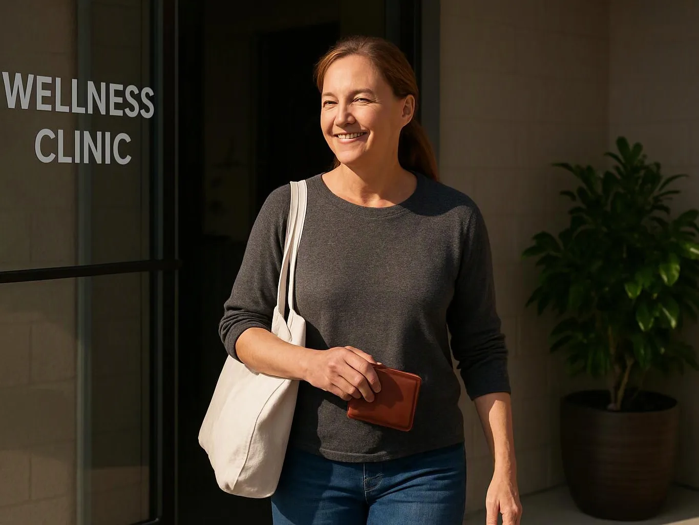 A smiling woman walks past a glass door labeled “WELLNESS CLINIC,” holding a wallet and tote bag