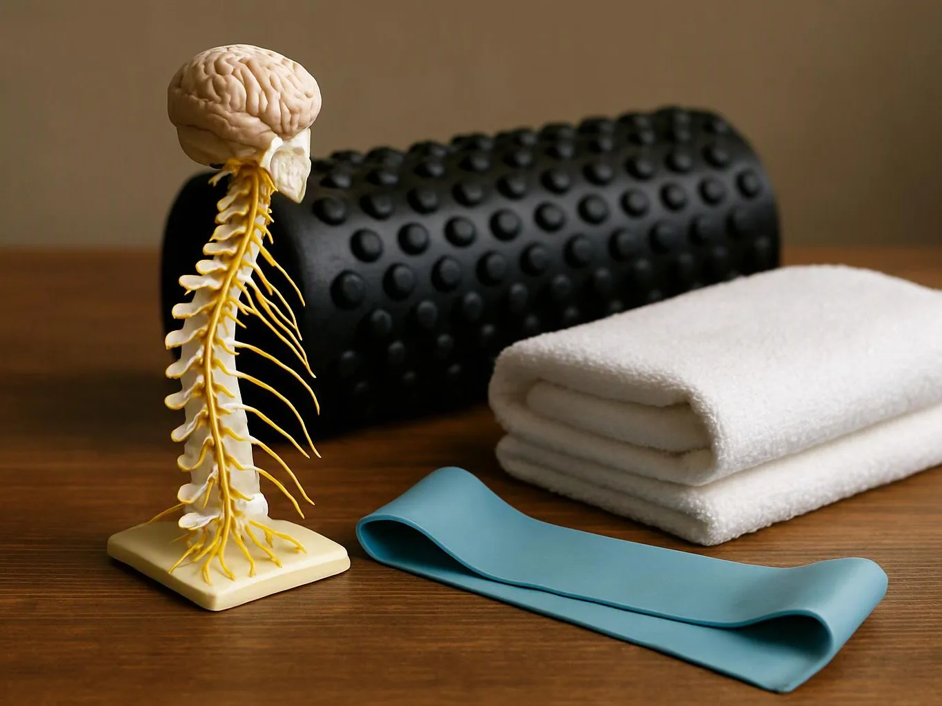 A spine and brain model stands beside a foam roller, folded white towels, and a blue resistance band on a wooden table