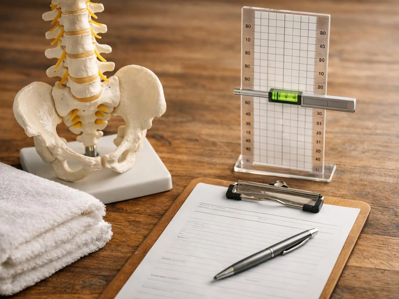 A spine model, alignment gauge, clipboard, pen, and folded towel sit on a wooden table