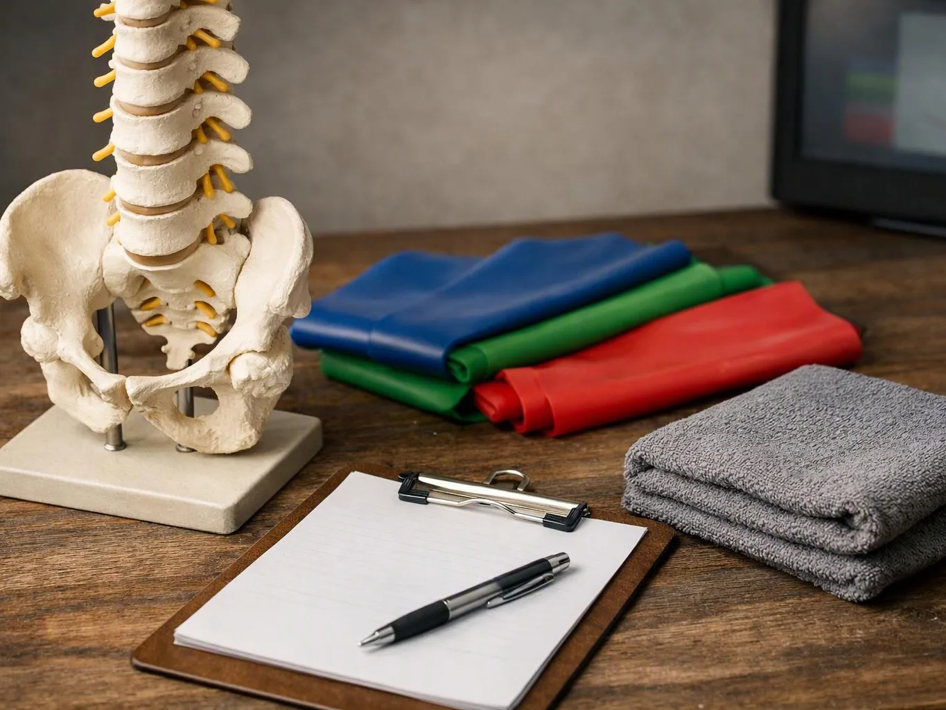 A spine model, folded resistance bands, towels, and a clipboard with pen sit on a wooden table