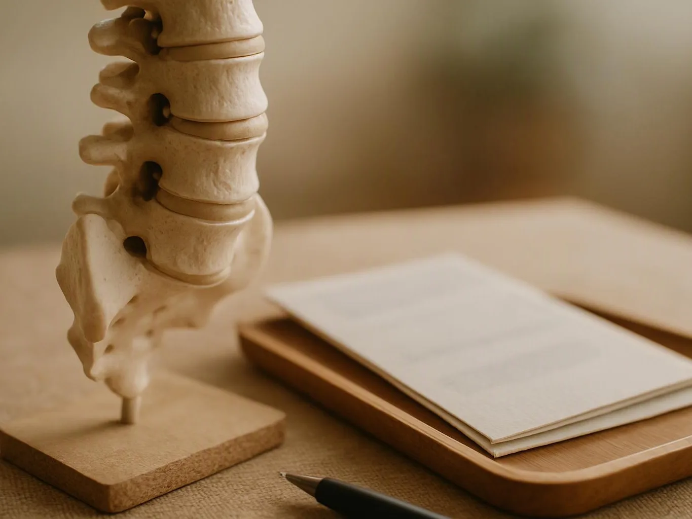 A spine model stands beside a notepad on a wooden tray, with a pen on the table