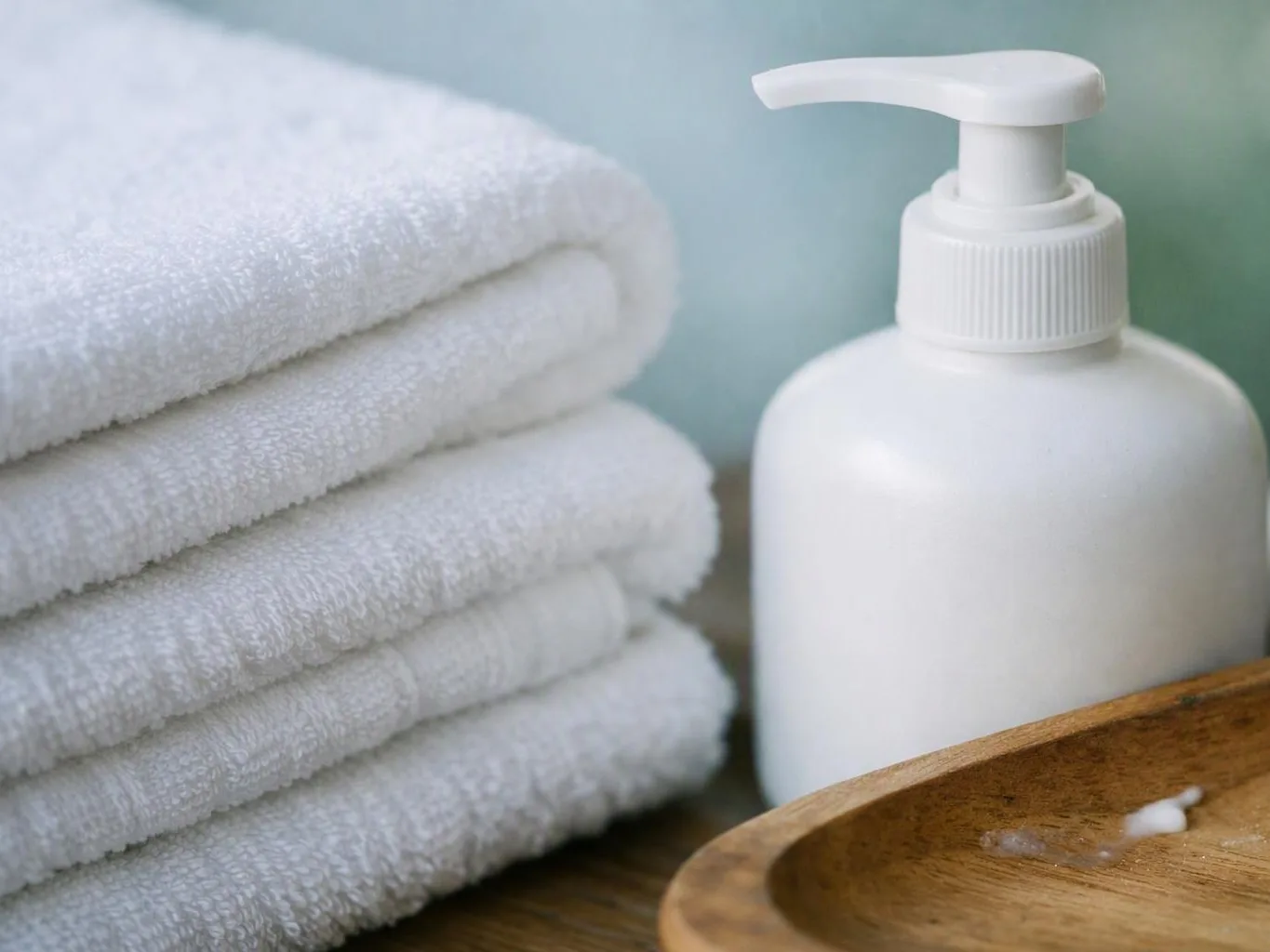 Stacked white towels sit beside a white pump bottle and a wooden soap dish on a bathroom shelf