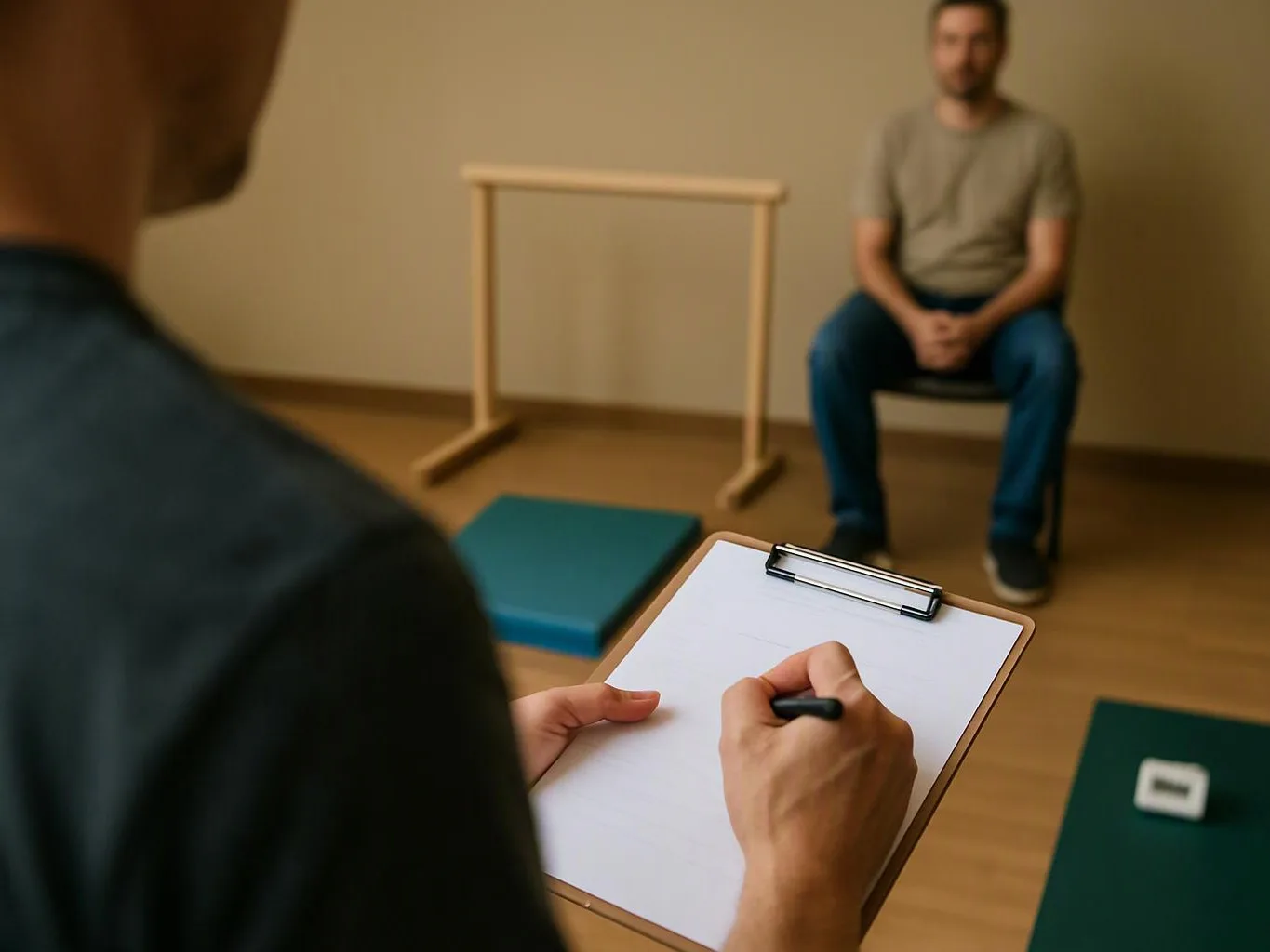 A therapist writes on a clipboard while a seated man waits in a sparse room with exercise mats and a low bar