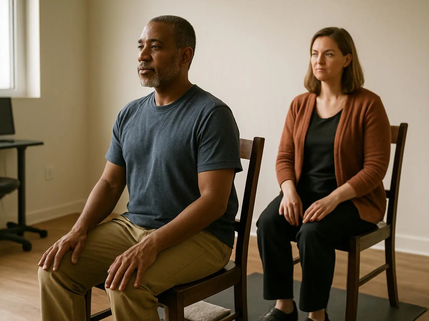 Two adults sit upright on wooden chairs in a bare room, facing left with calm expressions