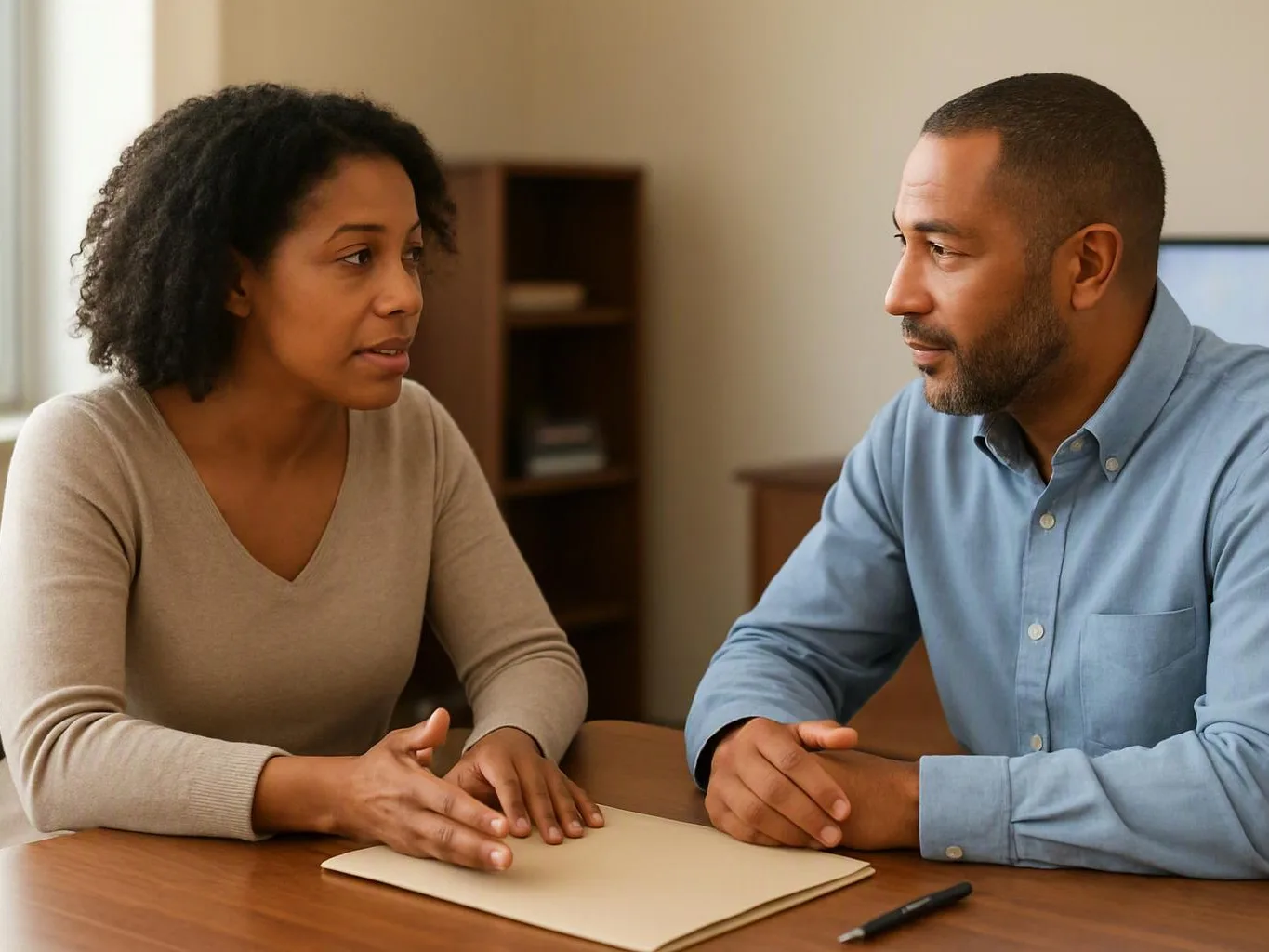 Two adults sit at a wooden table, talking over a closed folder in a simple office room