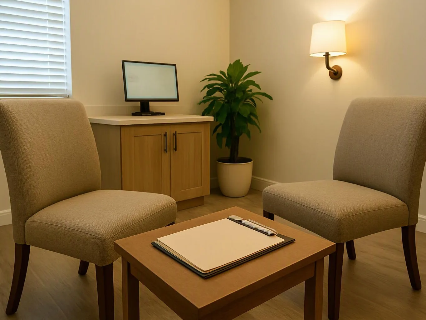 Two beige chairs face a small table with a clipboard in a quiet waiting room