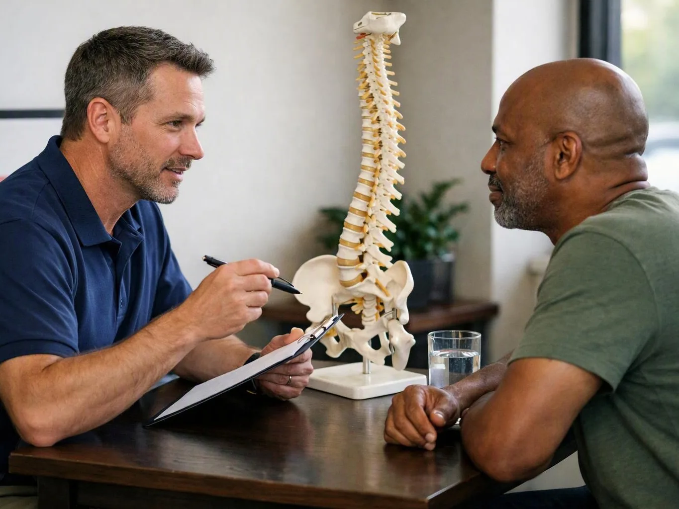 Two men discuss a spine model at a table, with one holding a clipboard and pen