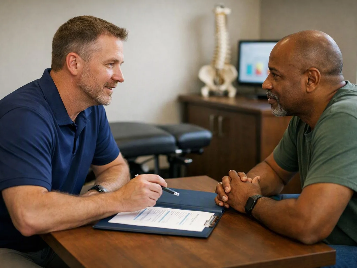 Two men sit across a table in a clinic, talking over paperwork on a blue clipboard