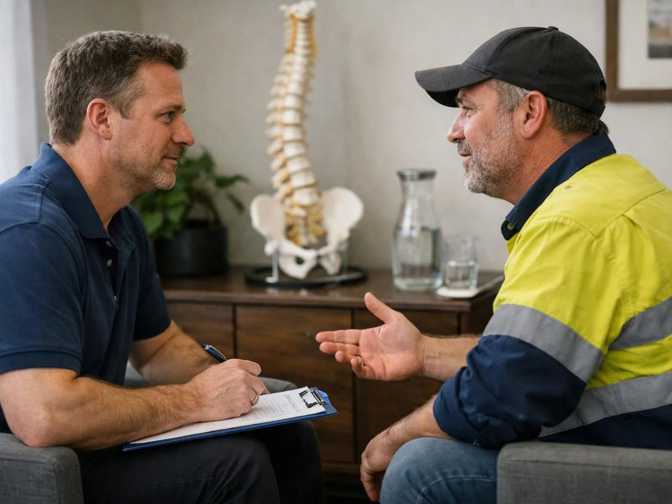 Two men sit facing each other in a room, one taking notes while the other gestures during a conversation