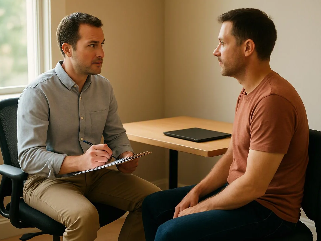 Two men sit facing each other in a small office, one writing on a clipboard while the other listens