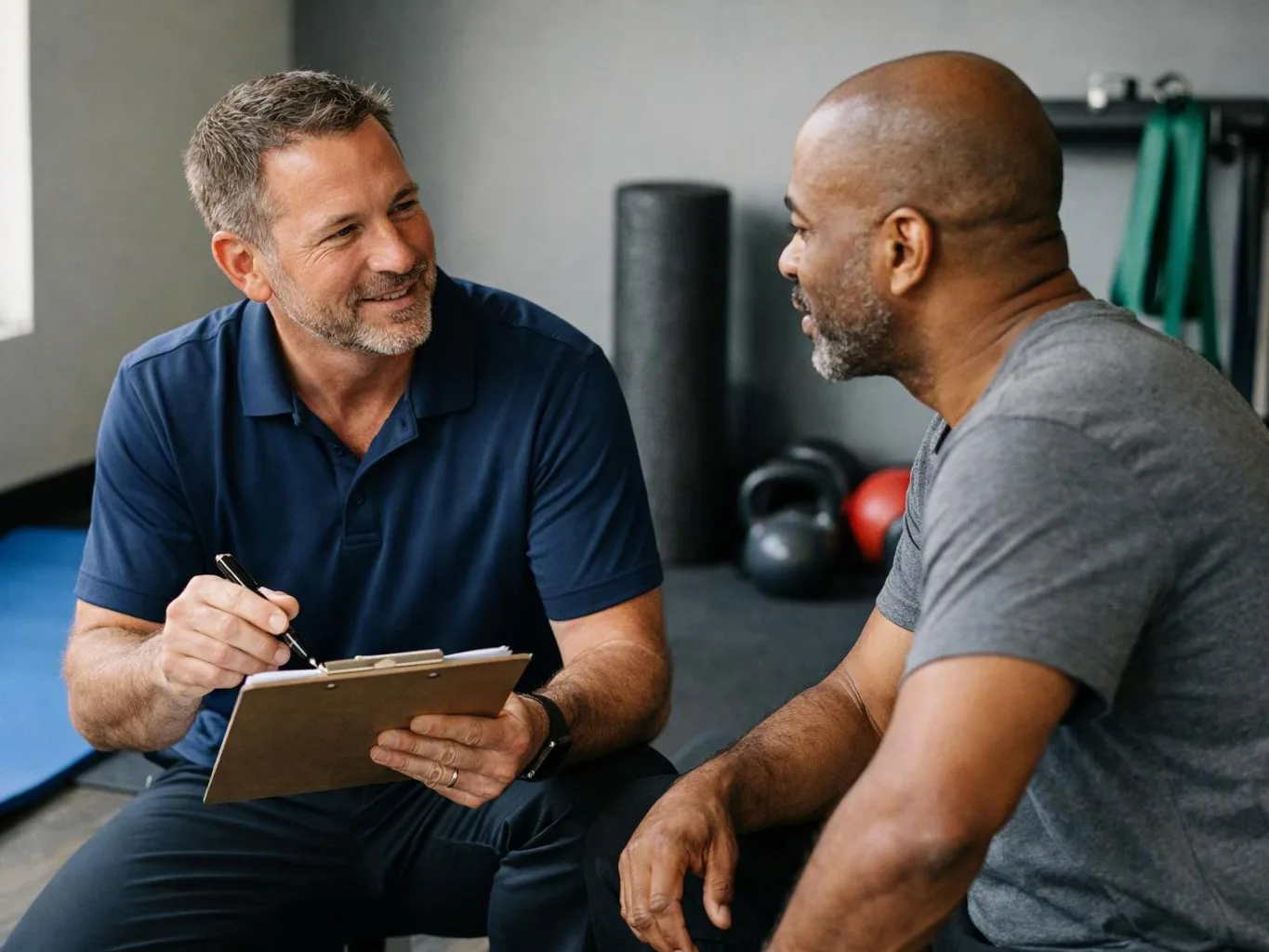 Two men sit in a gym, one taking notes on a clipboard while they talk and smile