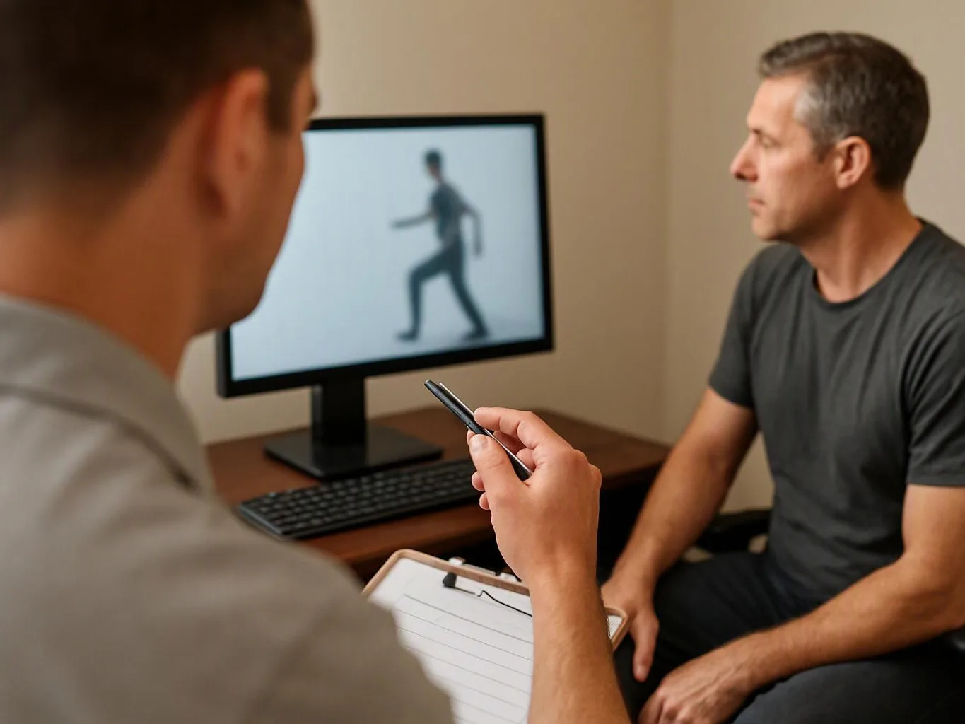 Two men sit in a room, one holding a pen and clipboard while the other watches a computer screen with a walking figure