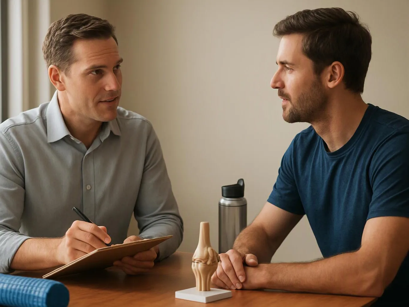 Two men sit at a table, one taking notes while they talk beside a water bottle and a small wooden model