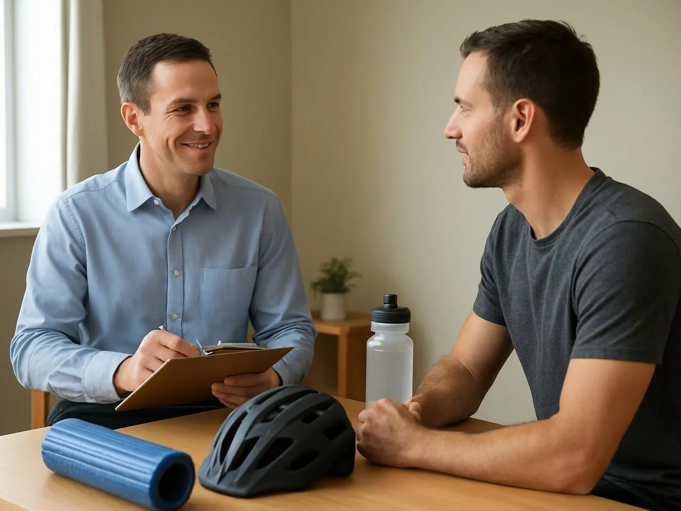 Two men sit at a table, one taking notes while they talk beside a bike helmet, water bottle, and foam roller