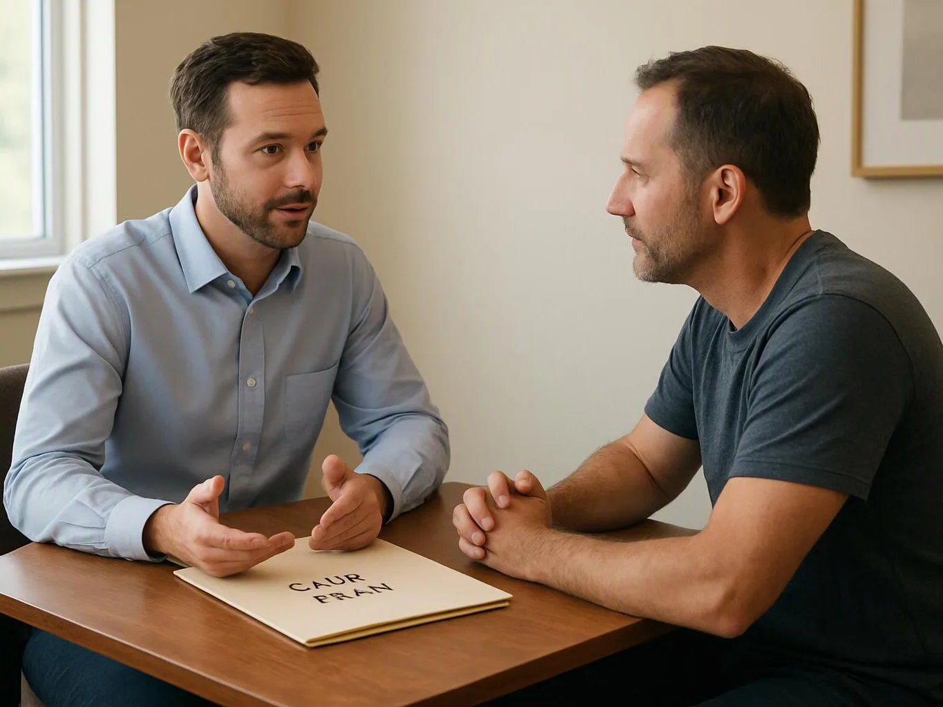 Two men sit at a table, talking over a folder in a bright room