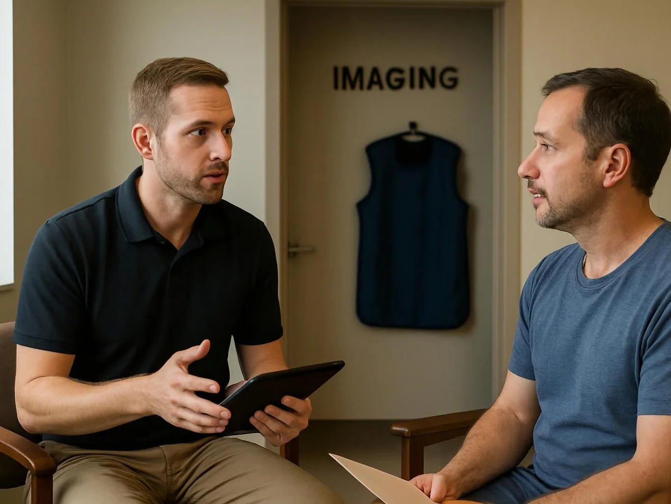 Two men sit talking in a clinic room, one holding a tablet and the other a paper folder with an “IMAGING” sign behind them