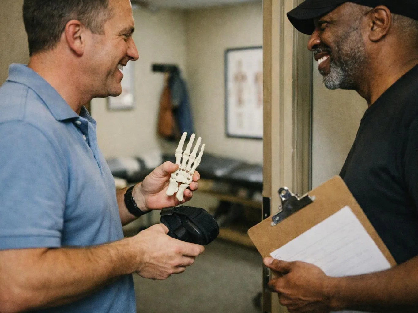 Two men smile in a clinic hallway while one holds a small foot skeleton model and the other carries a clipboard