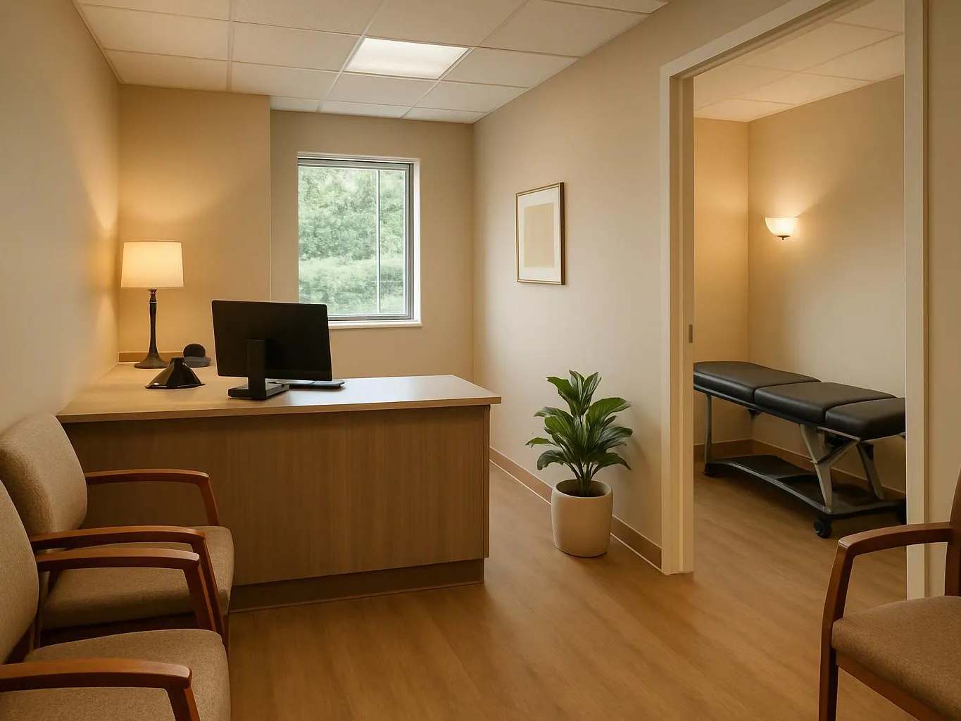 A quiet medical exam room shows a desk, chairs, a monitor, a potted plant, and an exam table through an open doorway
