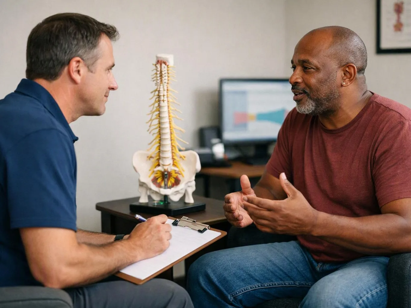 Two men talk in a clinic office beside a spine model, while one takes notes on a clipboard