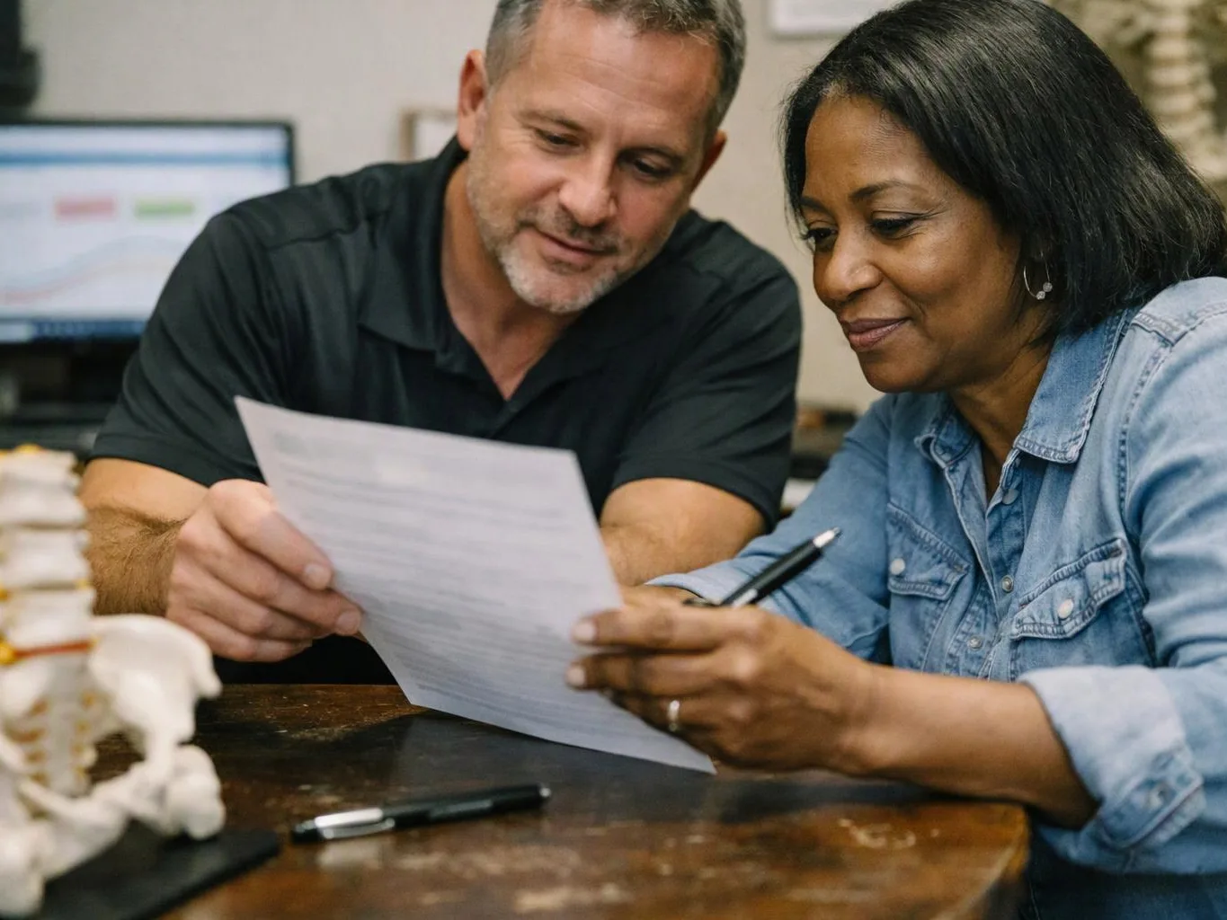Two people sit at a desk, reading a paper together in a medical office