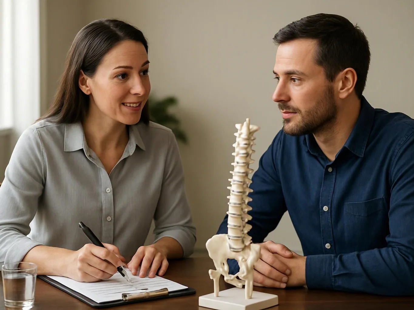 Two people sit at a table, discussing a spine model while one writes on a clipboard