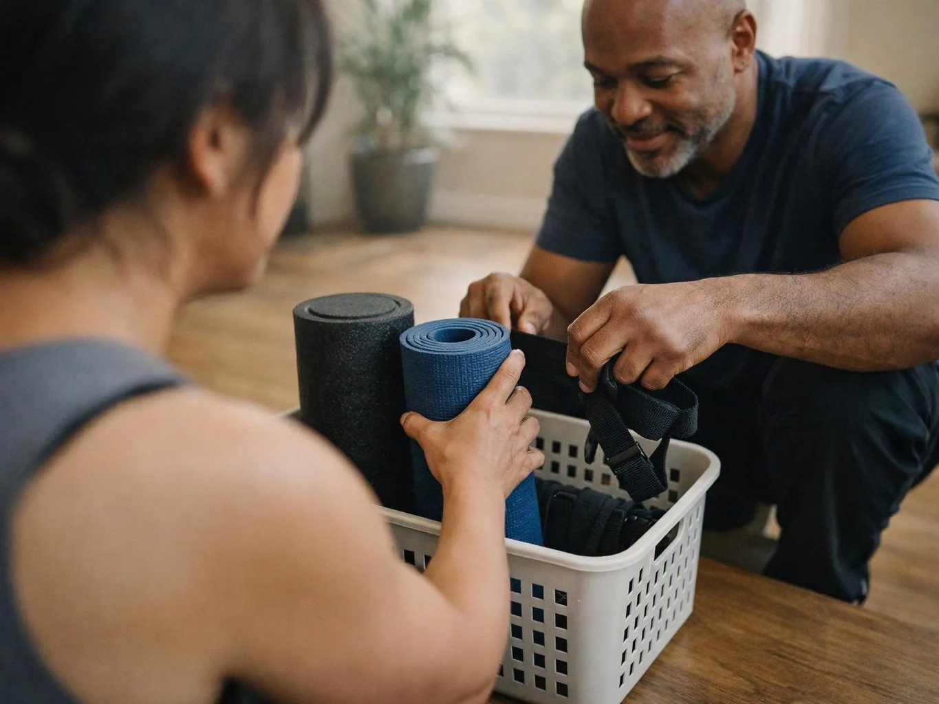 Two people sort rolled yoga mats and straps into a white plastic basket on a wooden floor