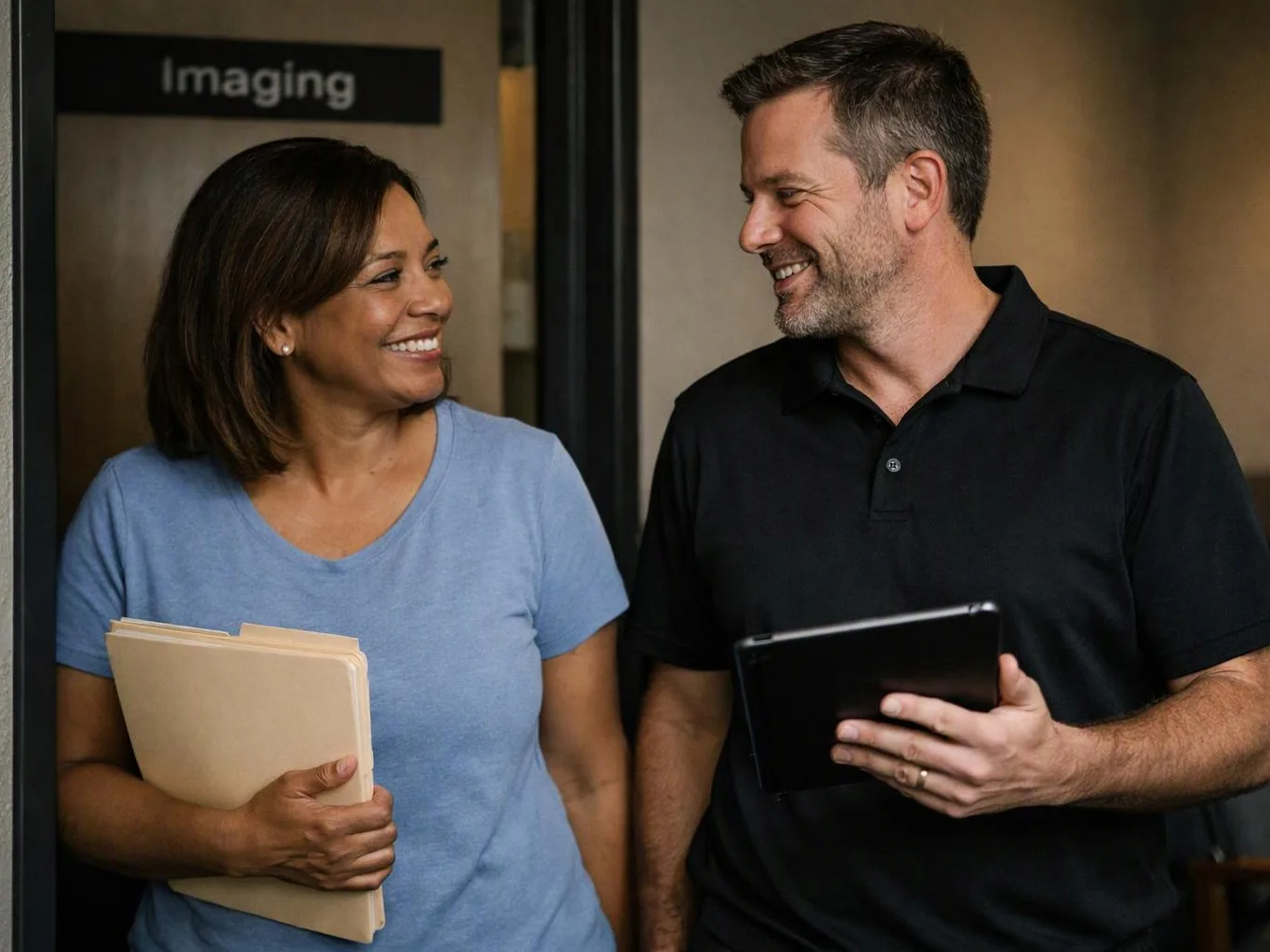 Two smiling people stand in a hallway, holding folders and a tablet near a door marked Imaging