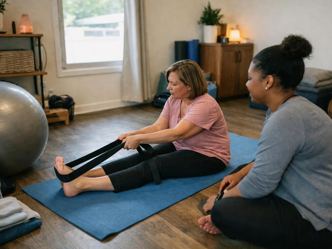 Two women sit on mats in a living room, one stretching with a strap while the other watches