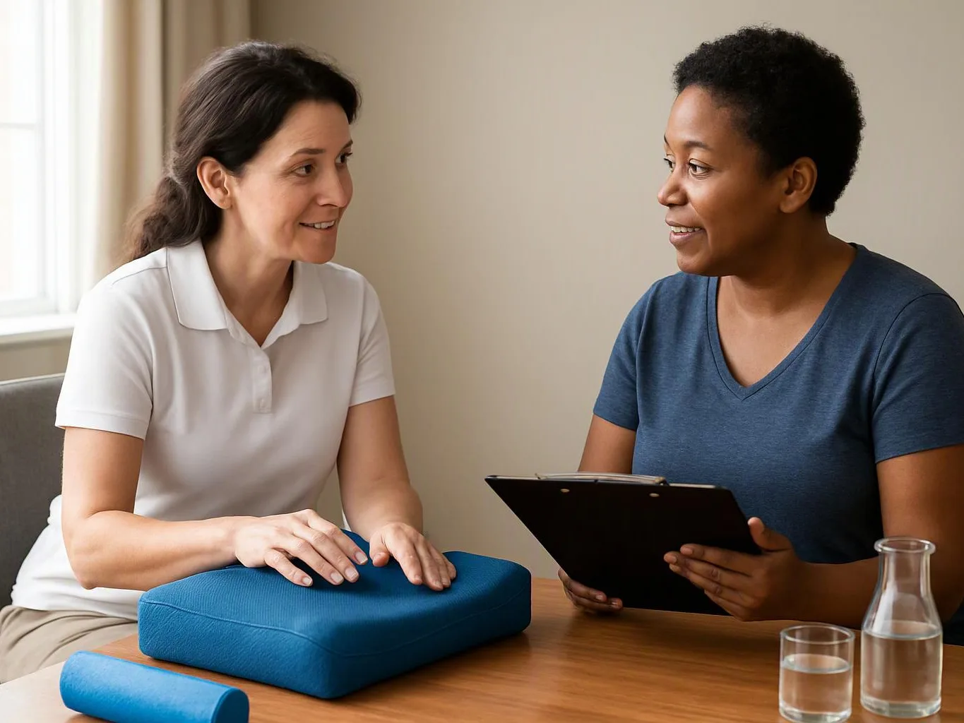 Two women sit at a table, smiling as one holds a clipboard and the other rests her hands on a blue cushion