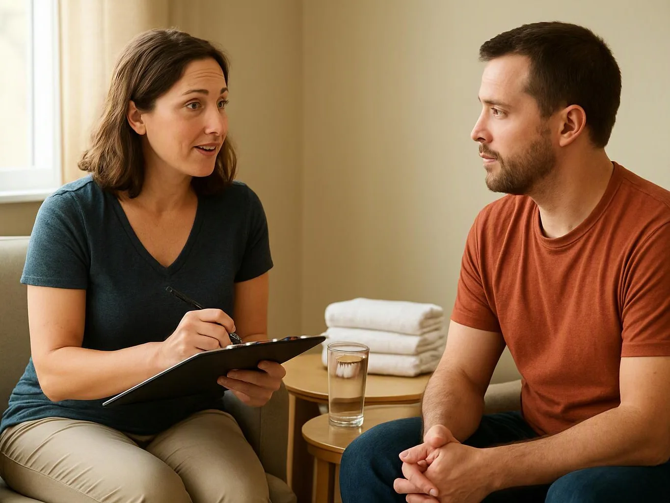 A woman with a clipboard talks to a seated man in a calm room with folded towels and a glass of water