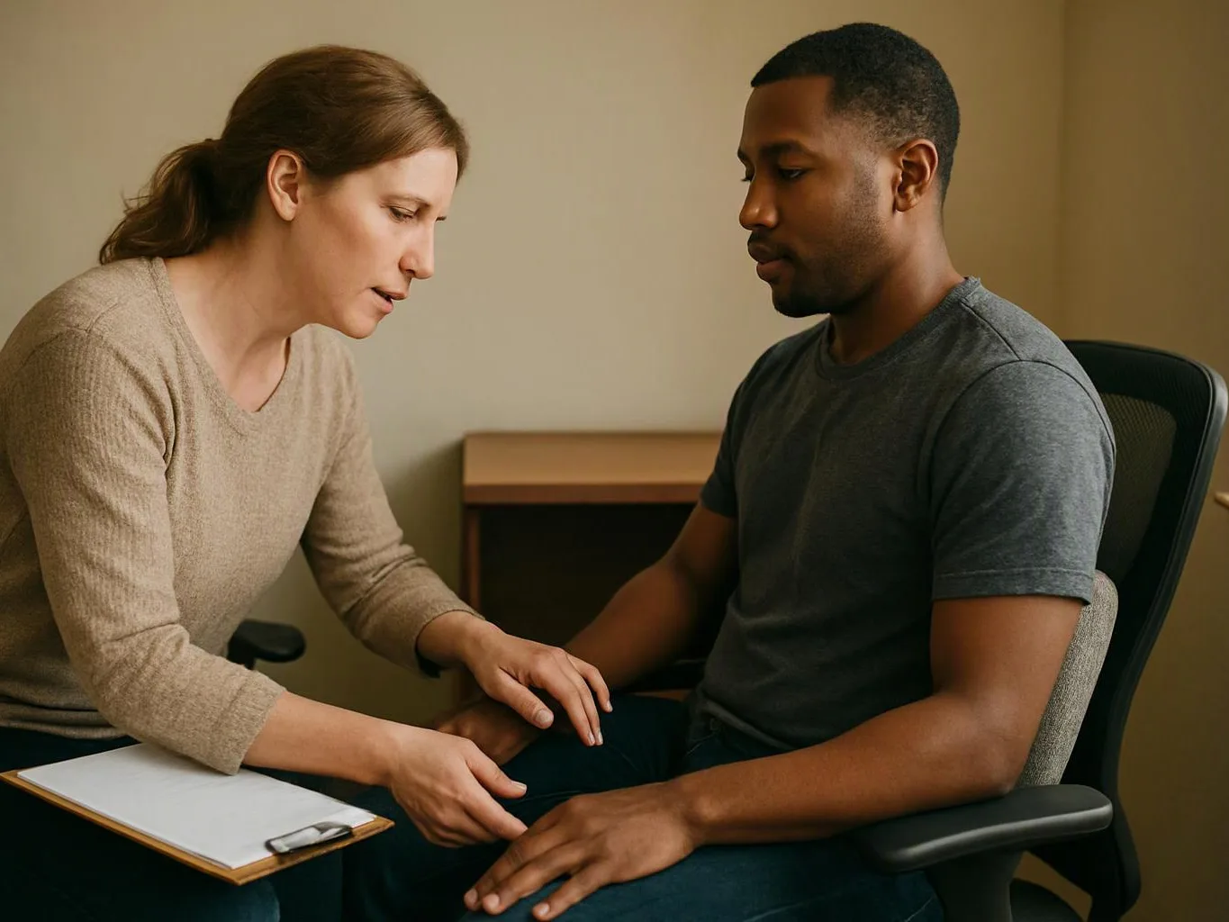 A woman gently holds a seated man's hand in a quiet room with a clipboard on her lap