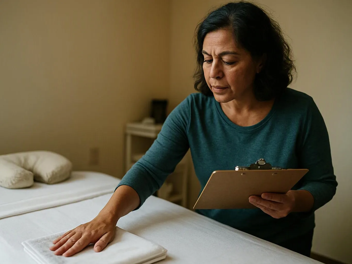 A woman inspects a neatly made bed, holding a clipboard in a plain bedroom