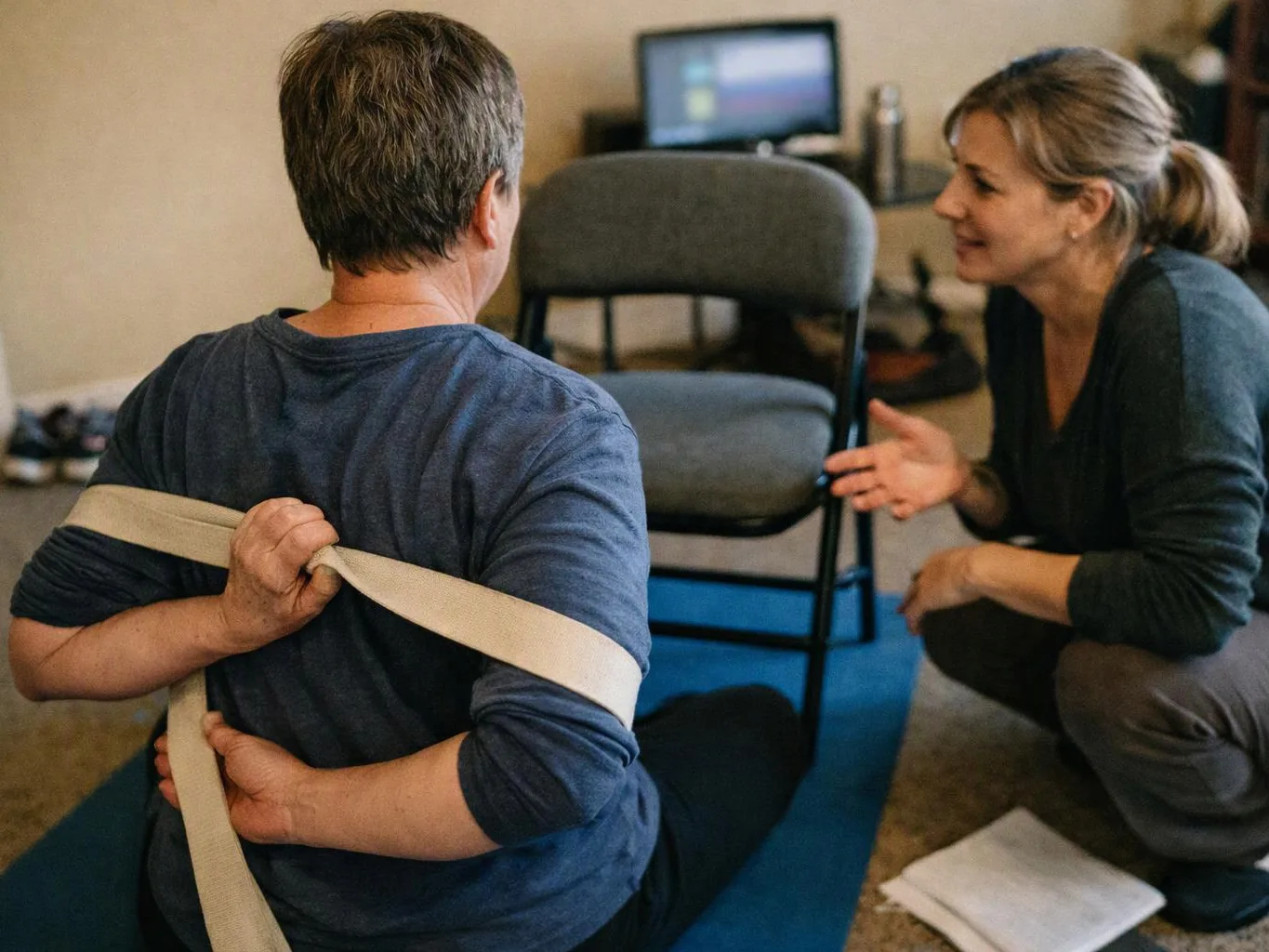 A woman kneels beside a seated man while holding a strap behind his back in a home room