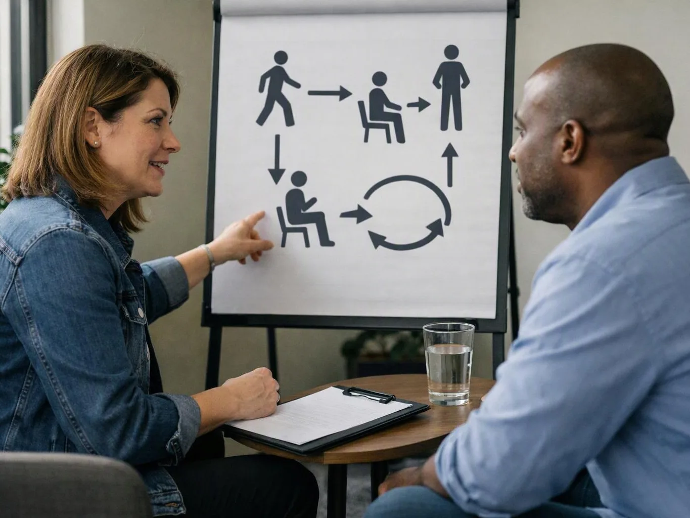 A woman points at a flip chart diagram while talking to a man across a small table in a meeting room