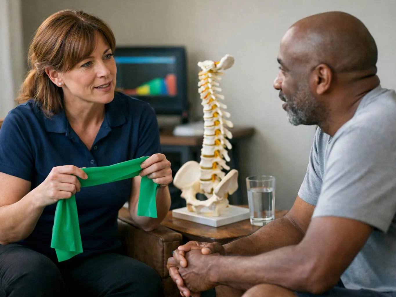 A woman shows a green resistance band to a seated man beside a spine model in an office