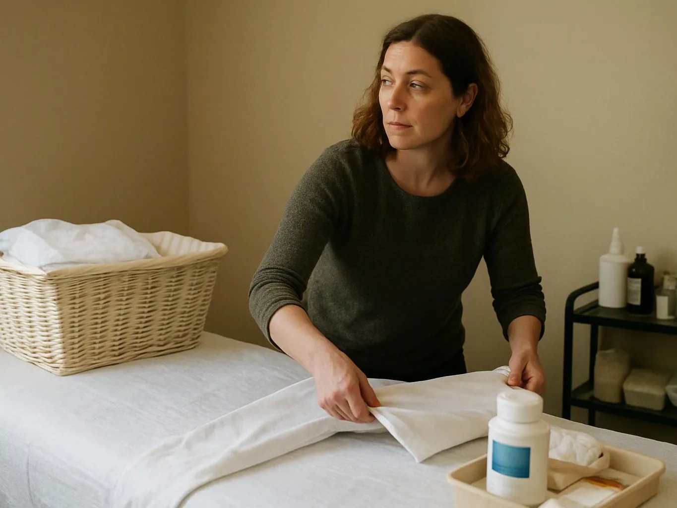 A woman smooths a white sheet on a massage table beside a wicker basket and lotion bottles