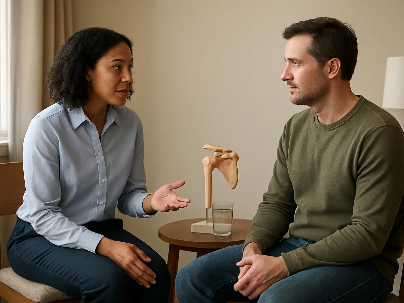 A woman speaks with a seated man beside a small table holding a shoulder model and a glass of water