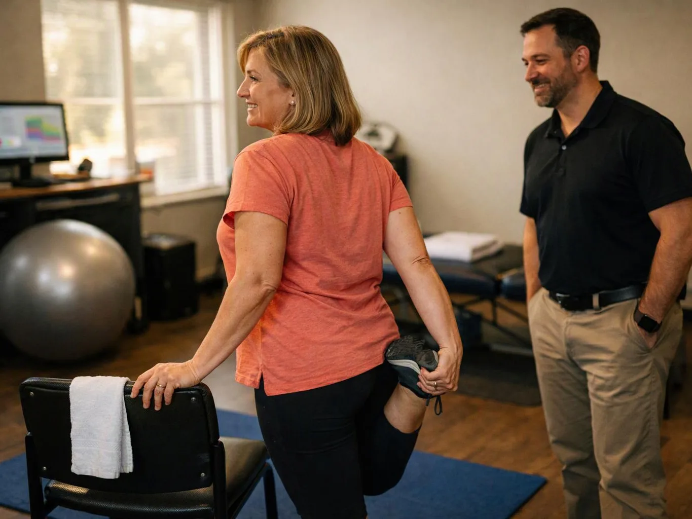 A woman stretches her leg by a chair while a man watches in a bright exercise room