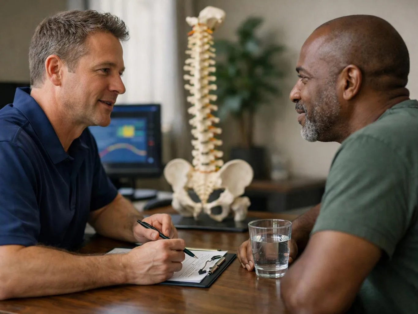 Two men sit at a desk talking, while one writes notes beside a spine model and a computer screen