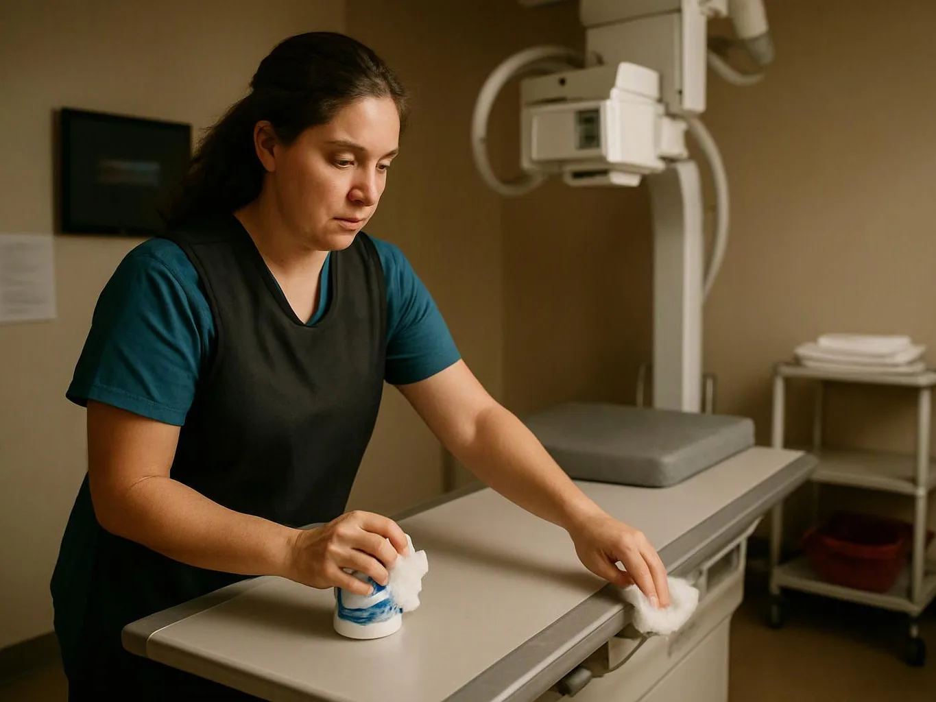 A woman wipes an examination table with cloths in a medical room with imaging equipment nearby