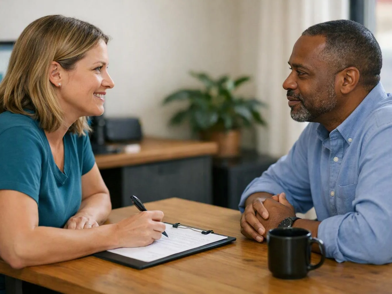 A woman writes on a clipboard while talking with a man across a table in an office