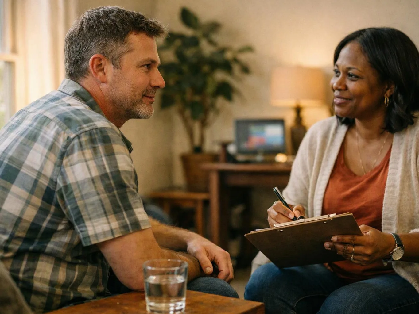 A woman writes on a clipboard while talking with a man in a cozy living room